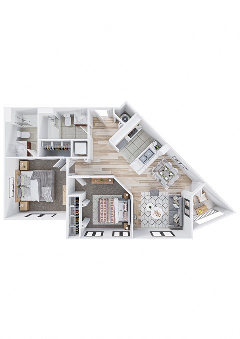 Floor plan for 2 beds, 2 baths, 891 sqft